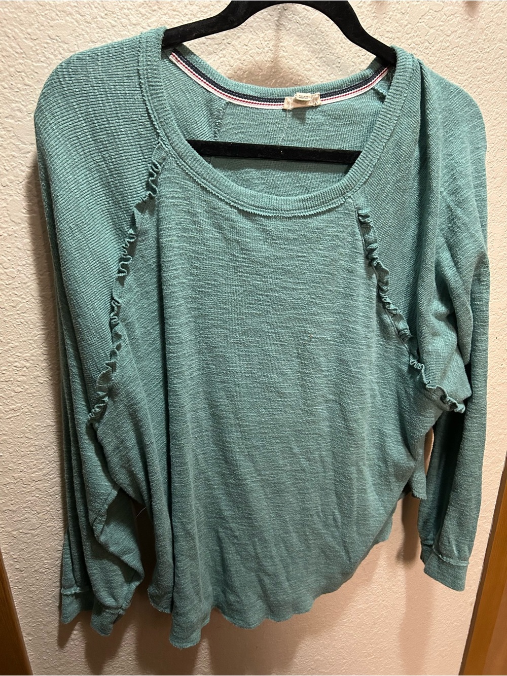 Pilcro Teal Ruffle-Trim Long Sleeve Tee